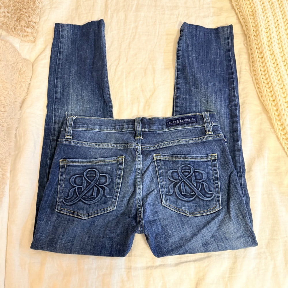 Rock & Republic Womens Skinny Jeans Dark Wash Embroidered Logo Size 8 Low Rise